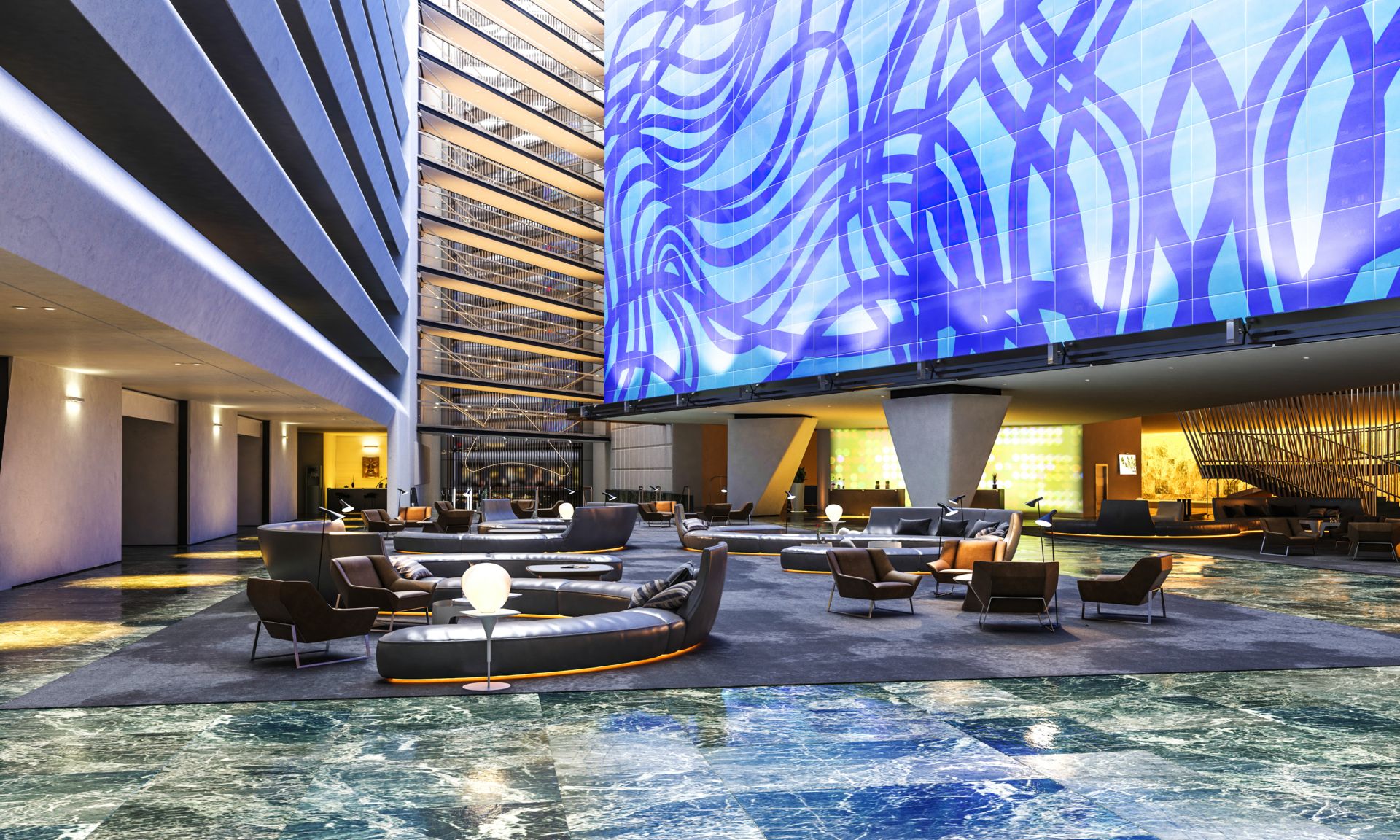 Großer Bildschirm in einem Gebäude, genutzt für CANCOM Digital Signage Lösungen.