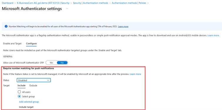 Screenshot der Benutzeroberfläche für die Konfiguration der Nummernübereinstimmung in Microsoft Authenticator im Azure Portal.