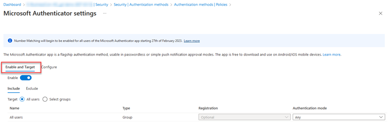 Screenshot einer Computeranzeige, die Einstellungen für die Nummernübereinstimmung im Azure Portal zeigt.